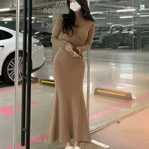 Women Korean Khaki Half Turtleneck Mermaid Maxi Dress in Beige One Size - Picture 1 of 6